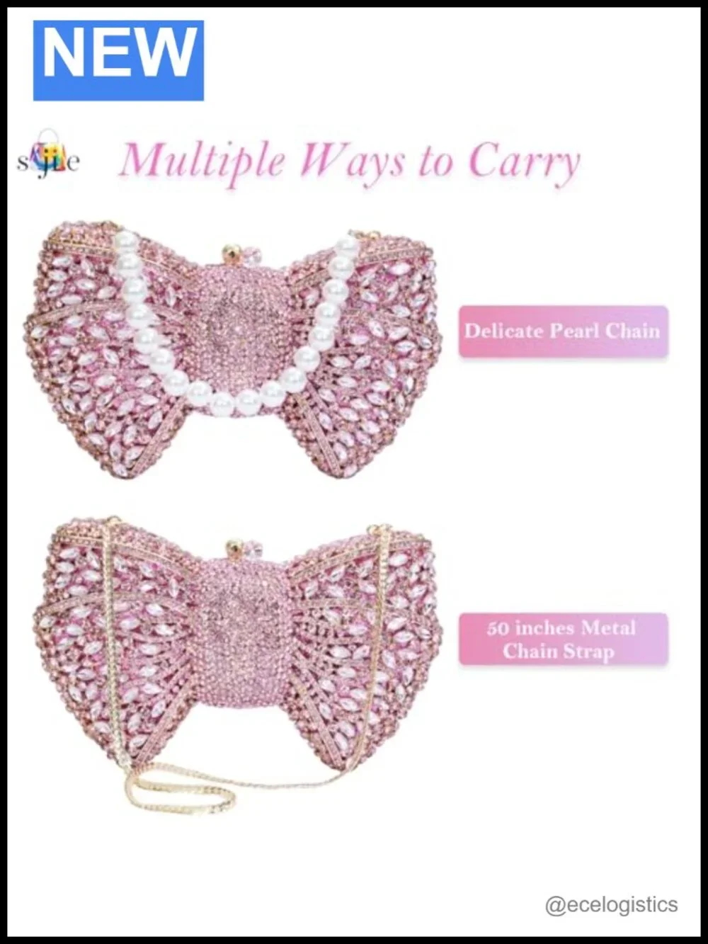 Handmade Rhinestone Bow Clutch Bag with Pearl Chain